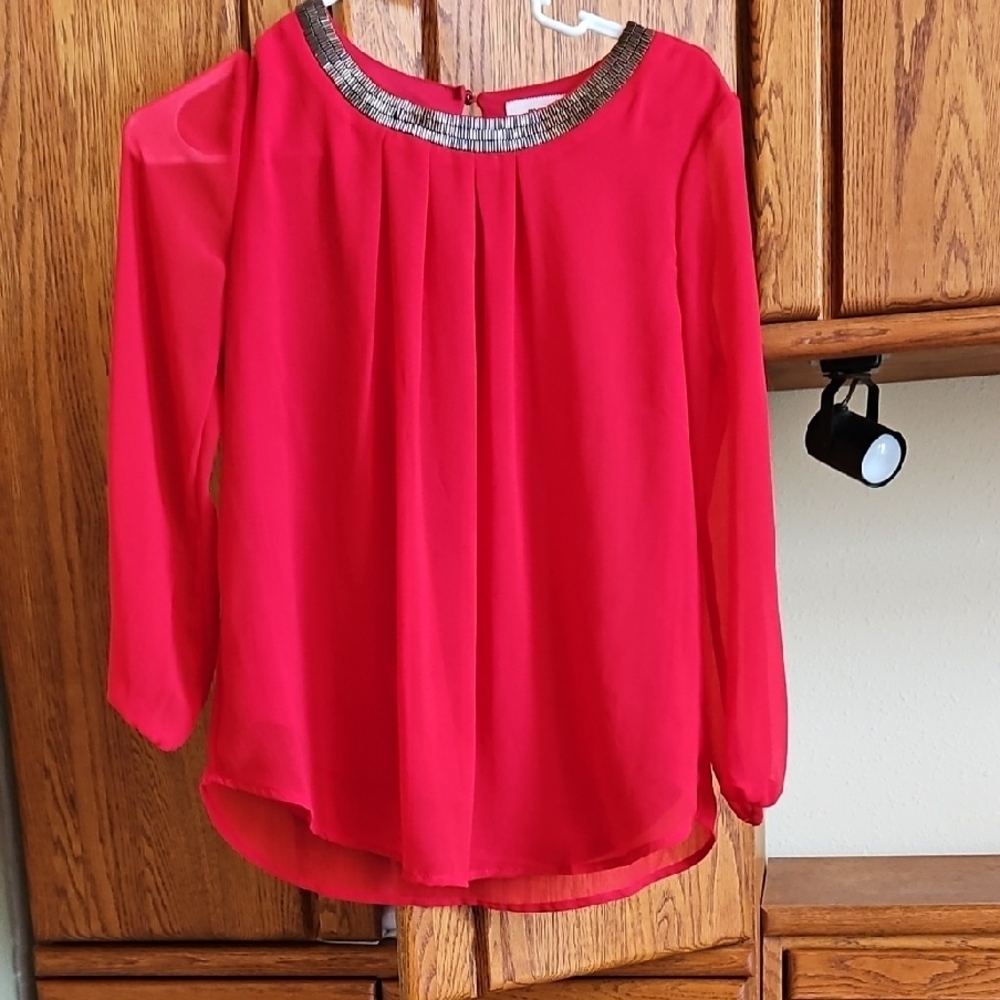 Red Pleated Blouse with Embellished Neckline